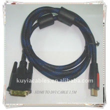 De alta calidad de oro plateado HDMI a DVI cable con chaqueta de malla de nylon 2 Ferrit 1,5 m negro
